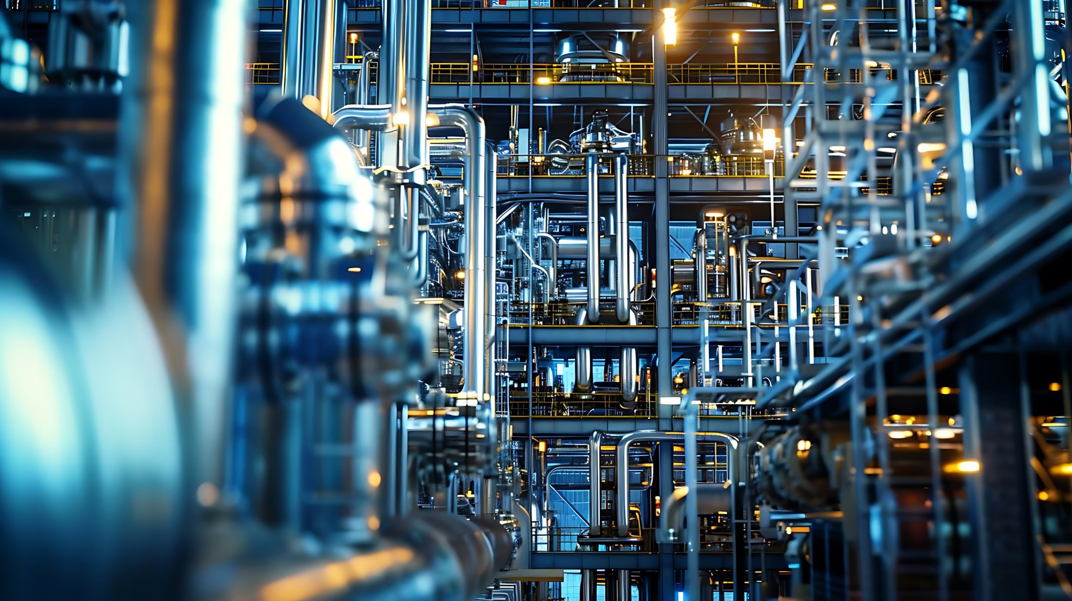 Dense industrial process plant with stainless steel pipework and structural steelwork