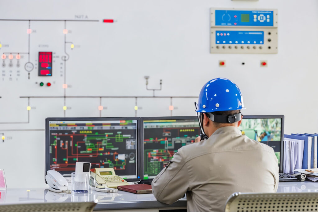 Operators monitoring data on screens in an industrial control room