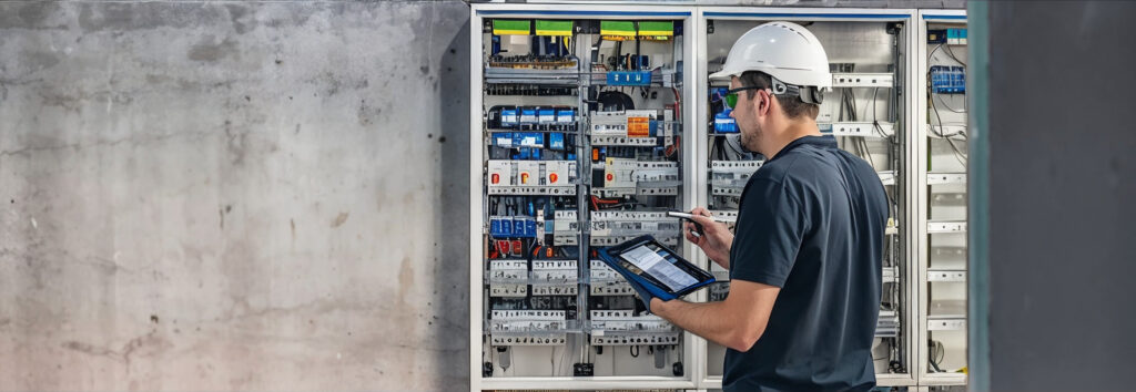A technician managing an industrial electrical switchboard and metering