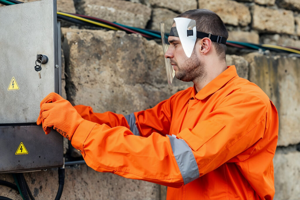 An EM3 engineer in protective equipment working on industrial electrical systems