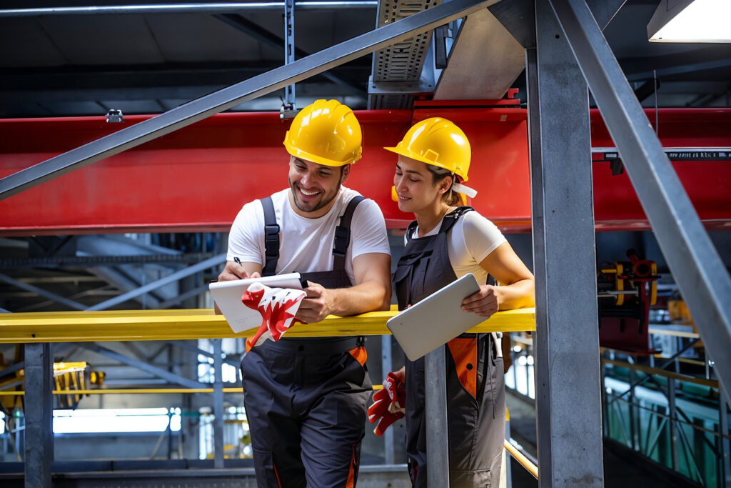Two EM3 engineers in protective equipment working through a plan together on a plant floor