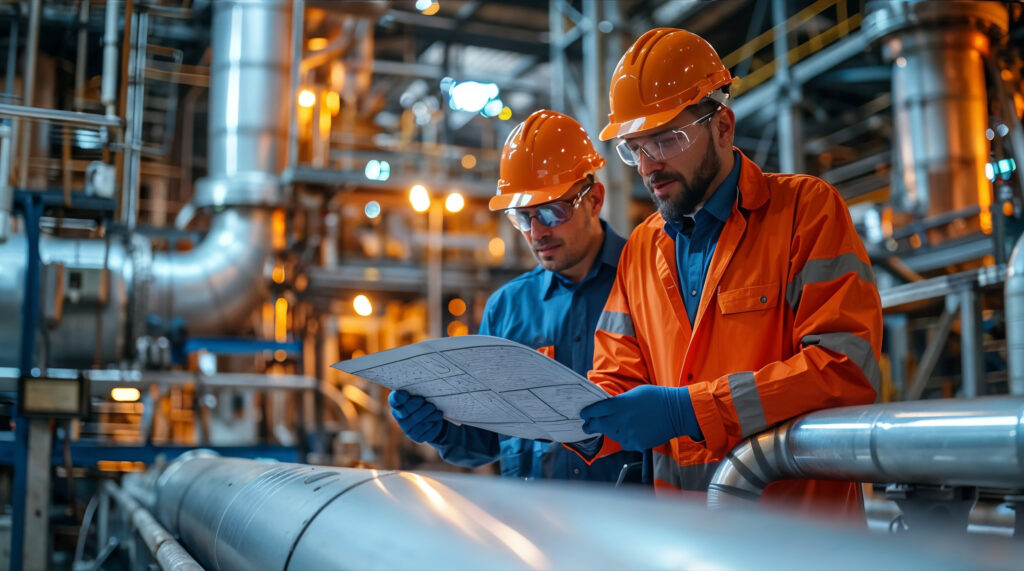 Two engineers in PPE reviewing documents amid a complex network of process pipework
