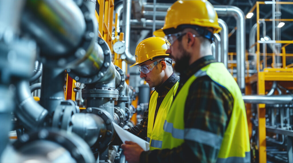 Two engineers inspecting valve manifolds and gauges on a utility plant floor