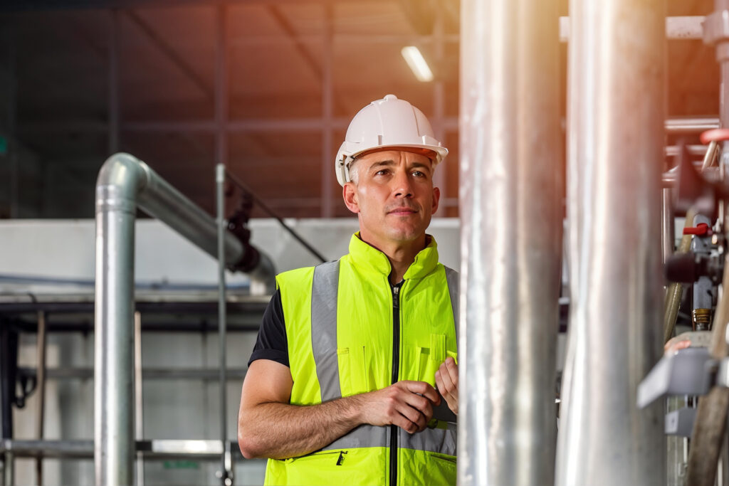 EM3 engineer beside steel pipework in an industrial utility plant room