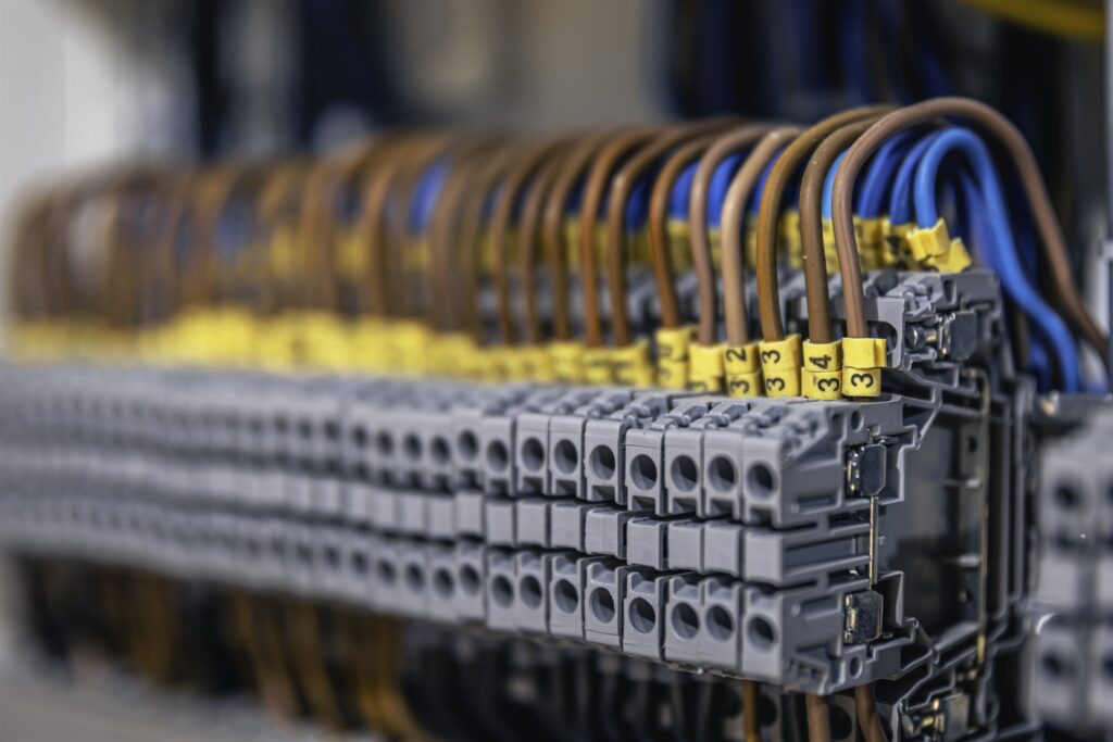 Close-up of complex electrical wiring, fuses and contactors in a utility panel