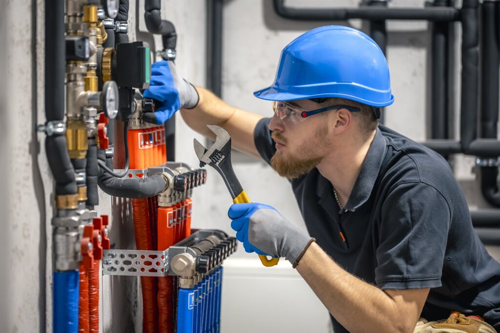 Technician checking pressure and valves on a boiler-room heating system