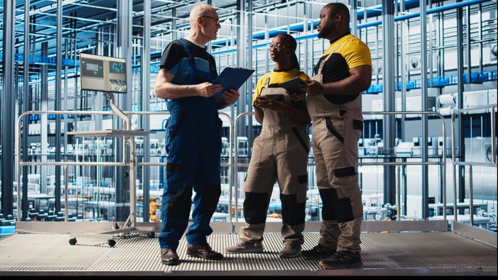 EM3 engineering team reviewing decarbonisation results on an industrial platform