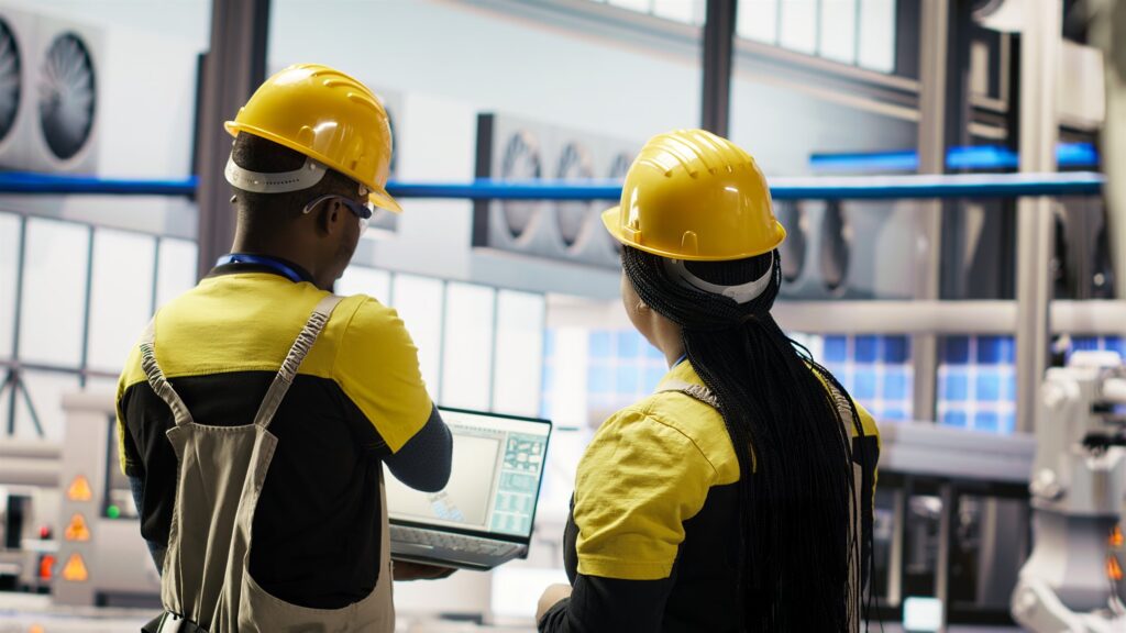 EM3 engineers in protective equipment reviewing site energy data on an industrial plant floor
