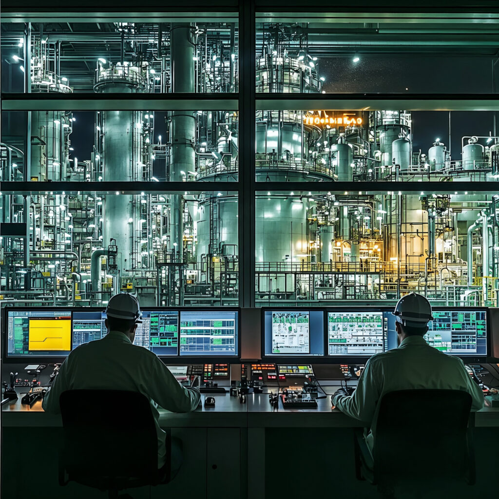 Two engineers at a central control desk monitoring a complex process plant