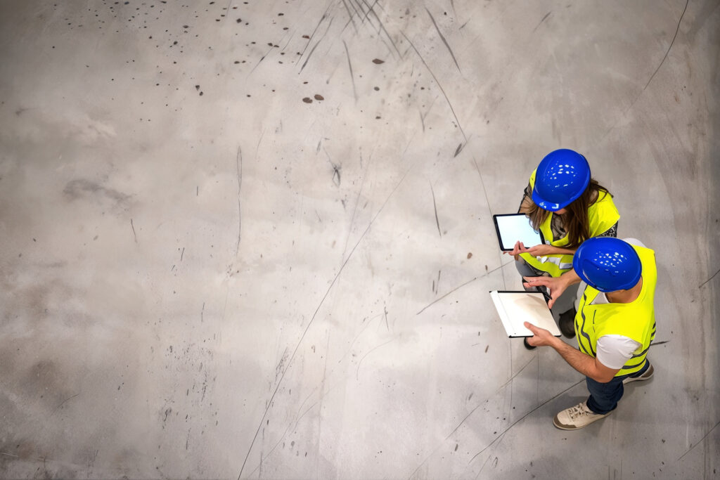 Two industrial workers in hardhats reviewing a checklist on a tablet on a plant floor