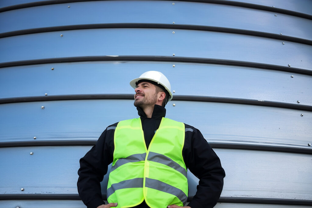 Engineer in a hard hat and hi-vis vest in front of an industrial storage silo