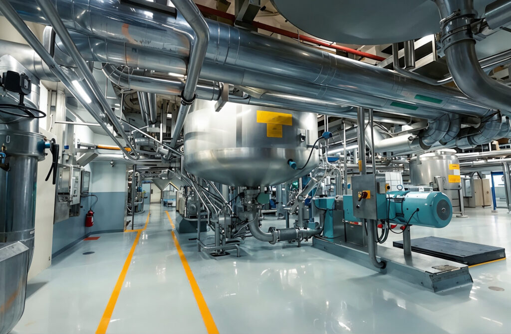 Clean stainless-steel process tanks and pipework in a commissioned, well-run plant