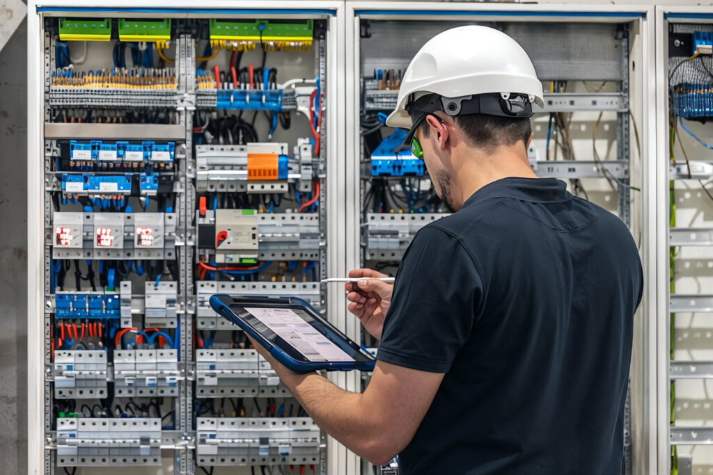 Engineer in a hard hat using a tablet to commission an electrical control panel on a plant floor