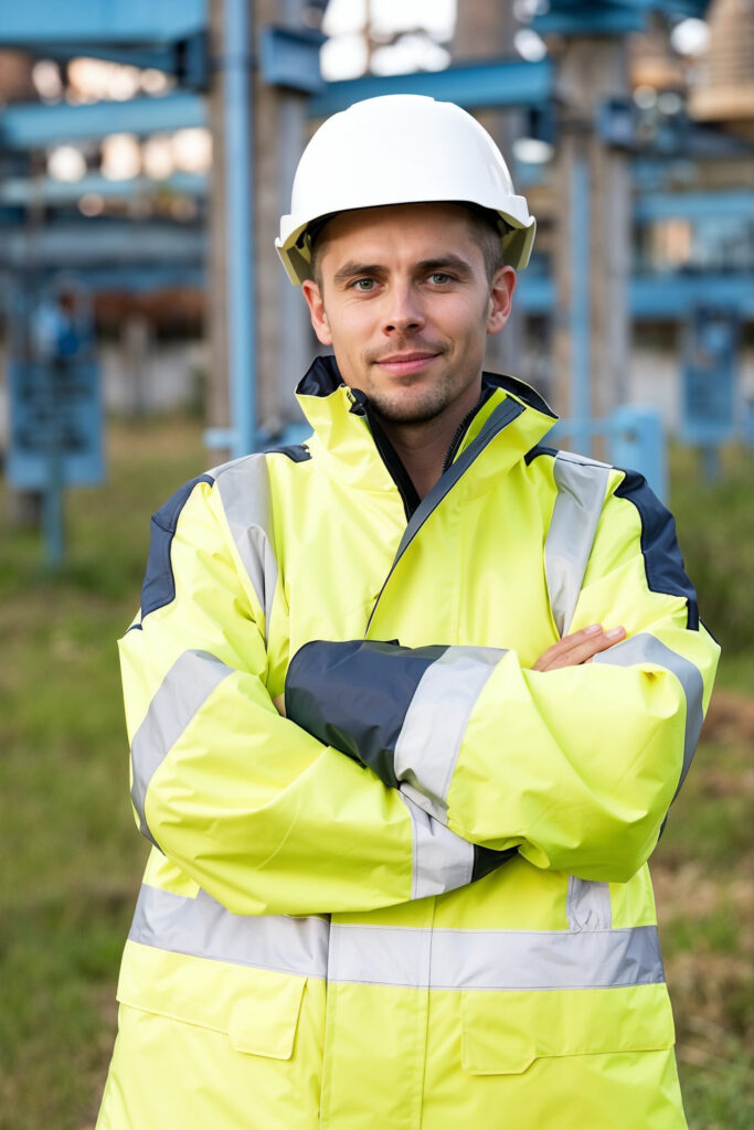 Confident engineer in hi-vis PPE and hard hat on an industrial site