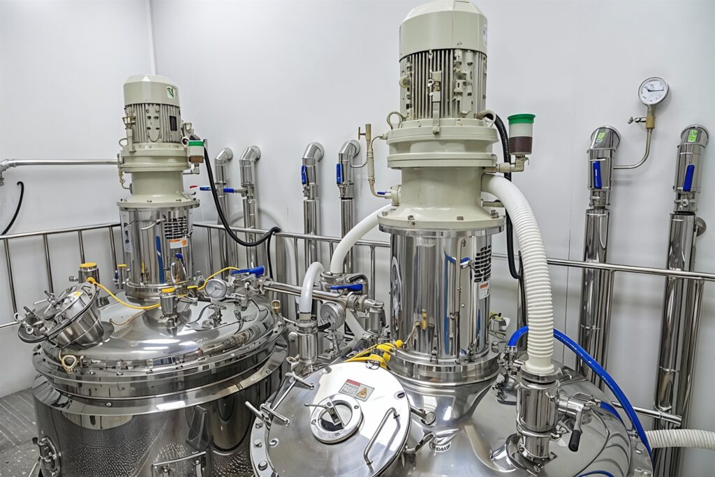 A complex industrial plant of stainless-steel process equipment
