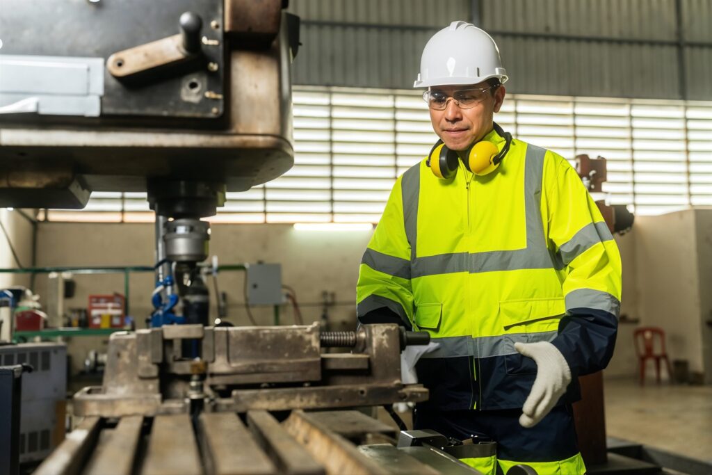 EM3 engineer operating machinery on a manufacturing plant floor