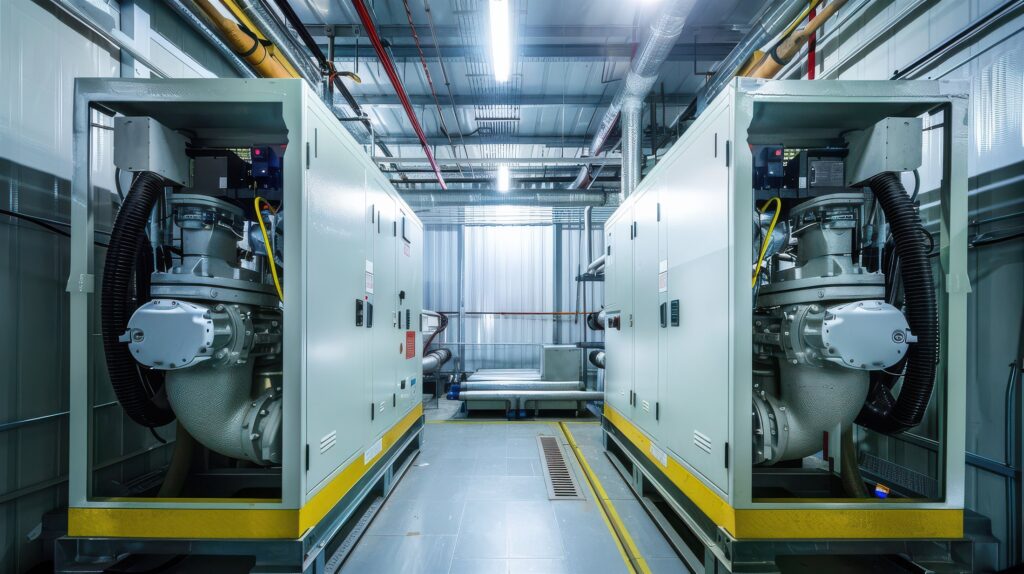 Industrial generators in a plant equipment room