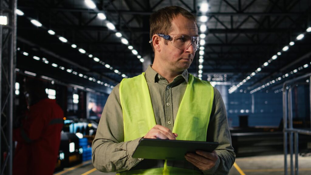 EM3 engineer with a tablet overseeing industrial construction and commissioning on site