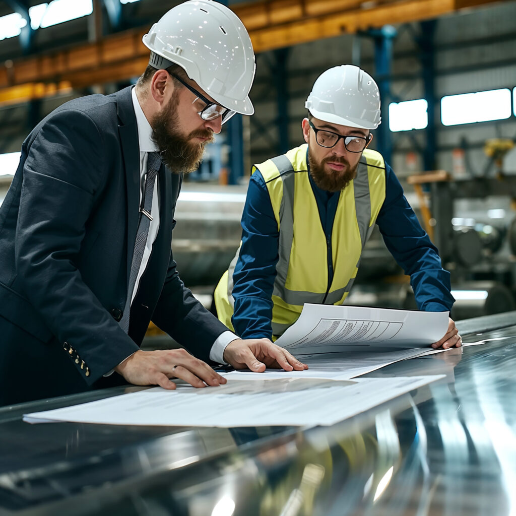 An engineer and a manager reviewing technical blueprints in a steel-processing plant