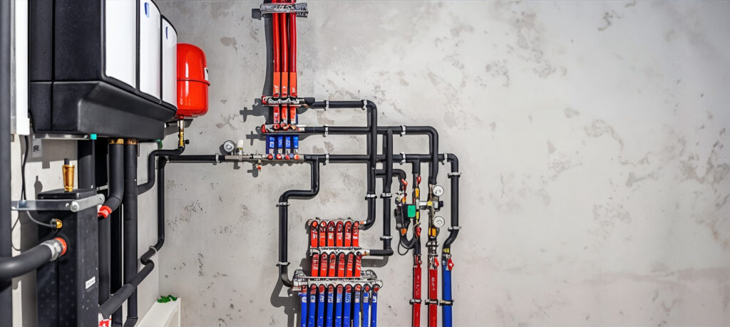 A cleanly installed modern heating and manifold system with neatly routed pipework in a mechanical plant room