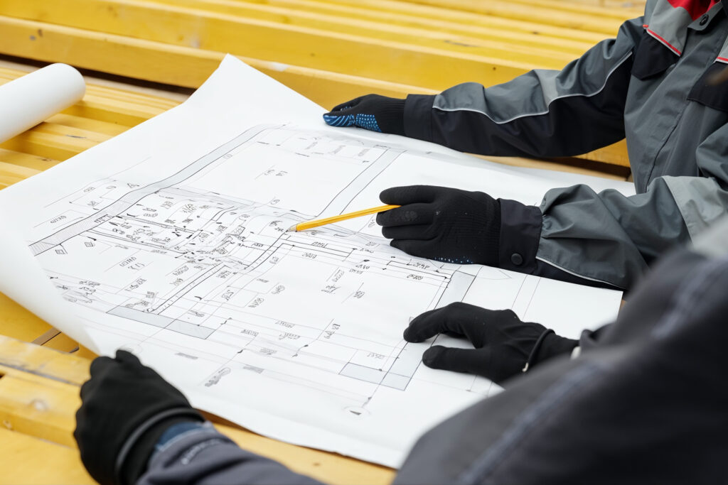 Engineers in workwear and gloves reviewing a detailed technical drawing on a plant floor