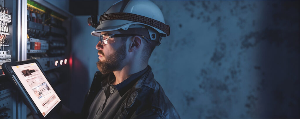 An engineer in a hard hat and safety glasses working at an electrical switchboard with a tablet on an industrial site