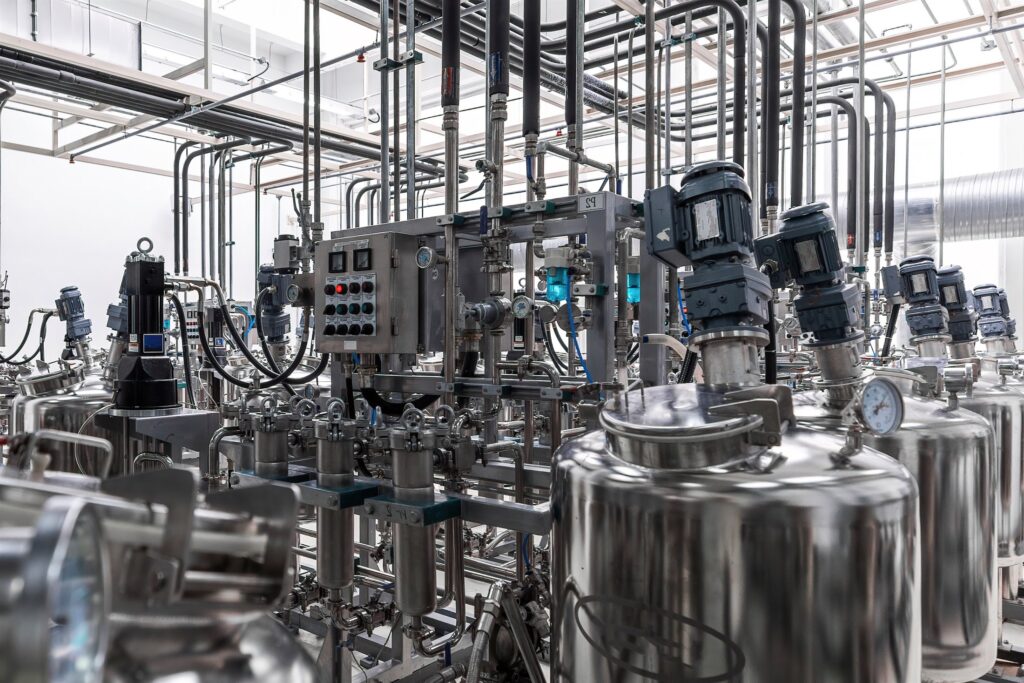 A complex pharmaceutical process plant with tanks, pipework and control equipment