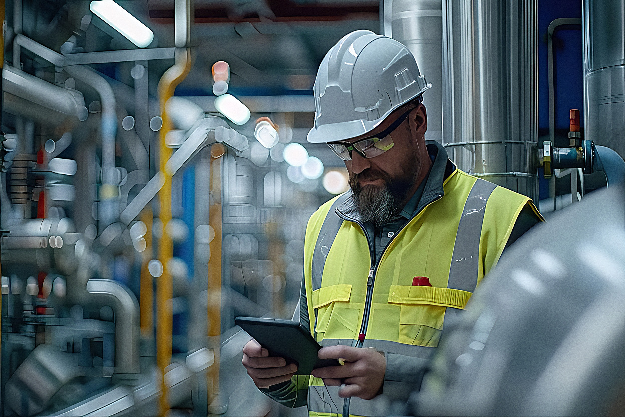 An EM3 engineer inspecting site energy data on a tablet during an audit