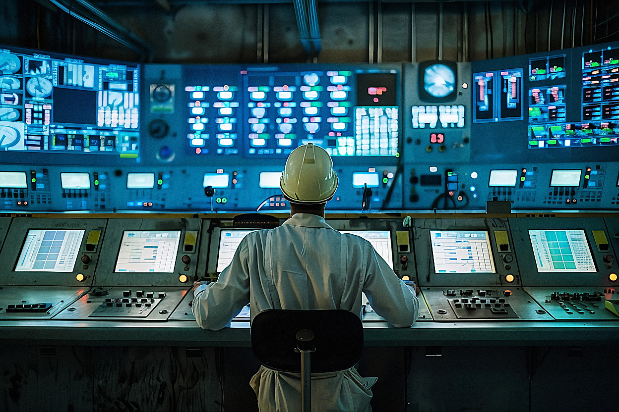 An EM3 engineer reviewing live energy data in a control room during a consultation