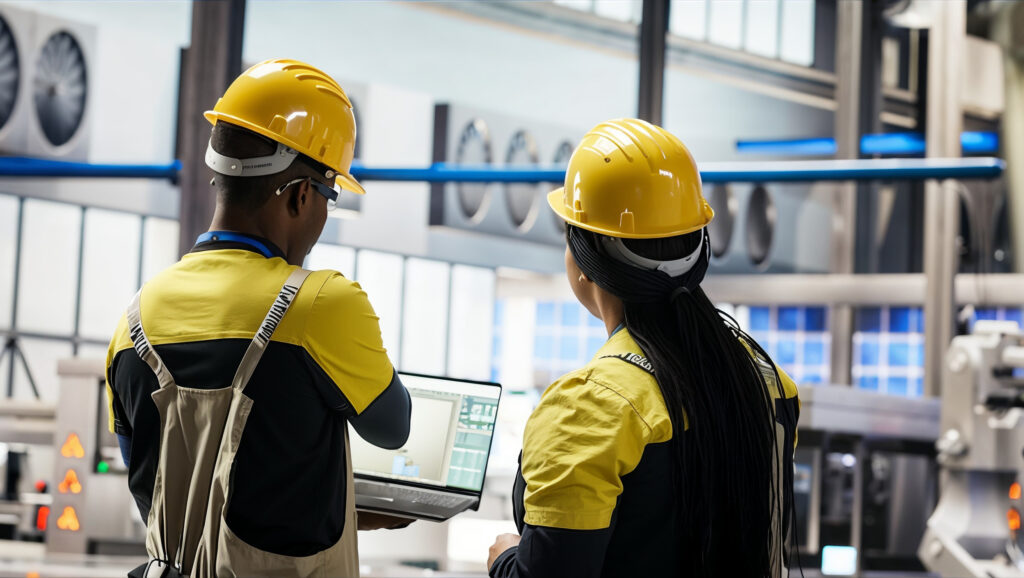 A trained engineering team carrying out routine checks together in a plant