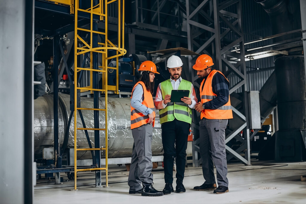 An industrial team in safety gear working through a plan together on site