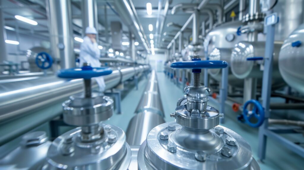 Technician among stainless process pipework in a clean pharmaceutical plant