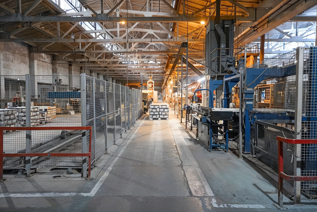 Complex industrial plant interior with conveyor lines and process machinery