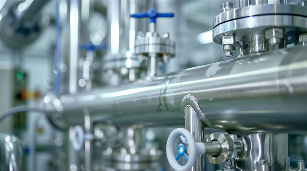 Clean, well-installed stainless steel pipework and valves in a delivered process plant