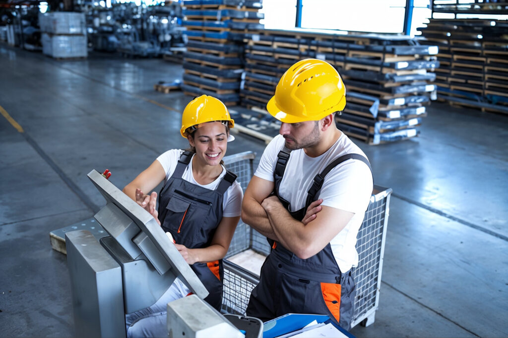 Two engineers in hard hats reviewing equipment on a steel plant floor