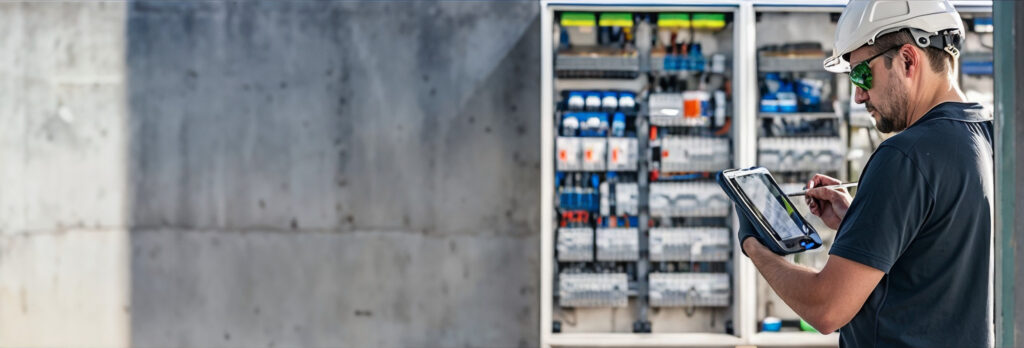 Engineer investigating a complex electrical switchboard and fuse panel