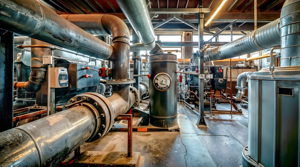 Steel pipework and gauges in a clean industrial energy plant room
