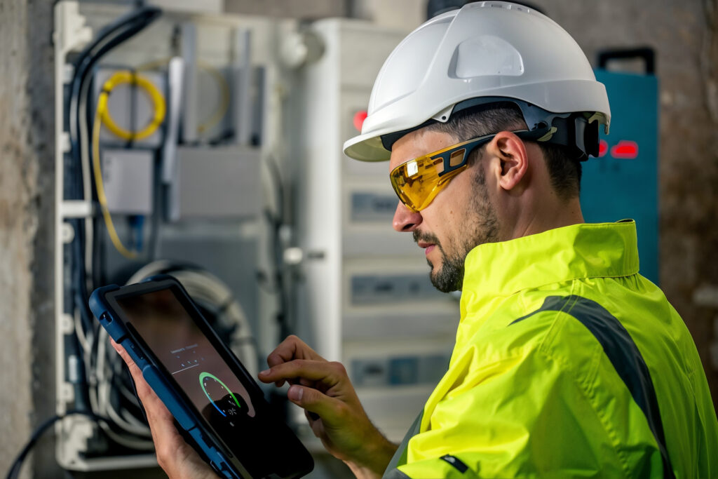 Engineer in PPE reading energy performance data on a tablet at an electrical switchboard