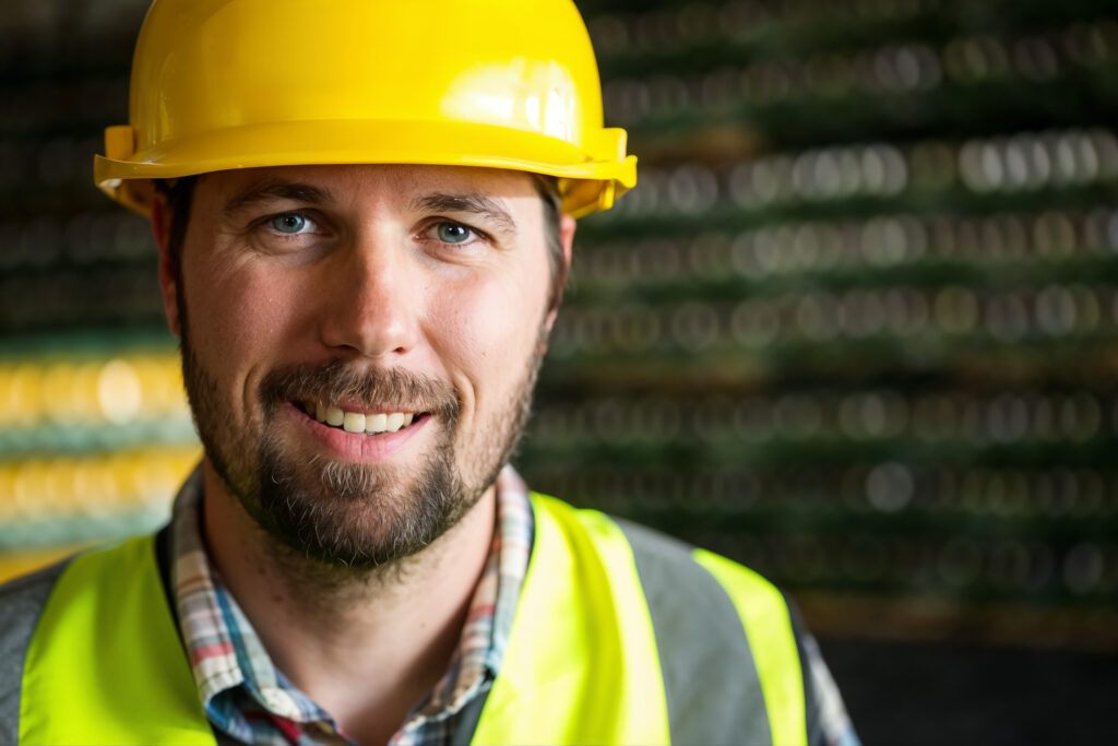 Confident engineer in a hard hat and hi-vis vest on an industrial plant floor