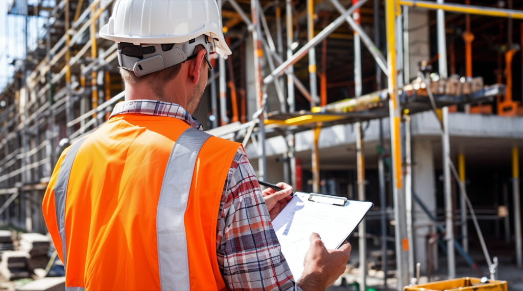 Engineer in a hard hat and hi-vis carrying out a hazard review with a clipboard at a live construction site