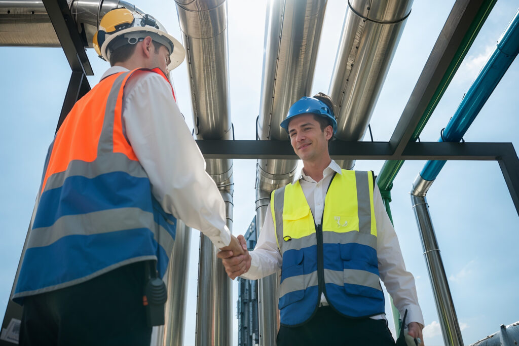 Two engineers in hi-vis and hard hats confirming a completed and safely delivered industrial pipework system on site
