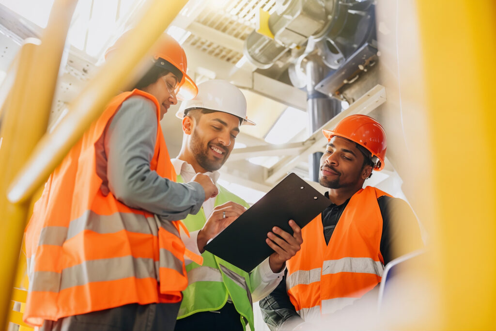 Three engineers in hard hats and hi-vis reviewing safety documents on a clipboard on an industrial plant floor
