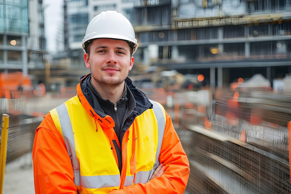 Confident site engineer in a hard hat and hi-vis on an industrial construction site