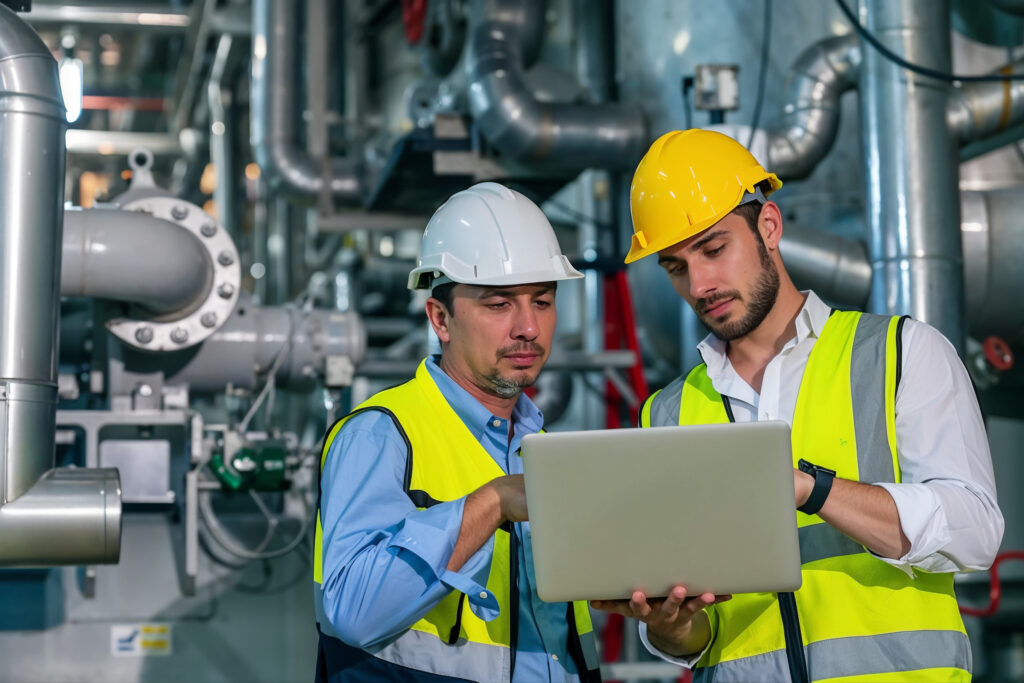 Two engineers in PPE reviewing data on a laptop amid dense pipework and valves in a plant room