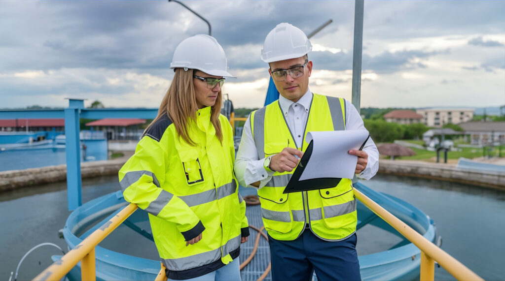 Two engineers in PPE confirming results on a clipboard at a well-run facility
