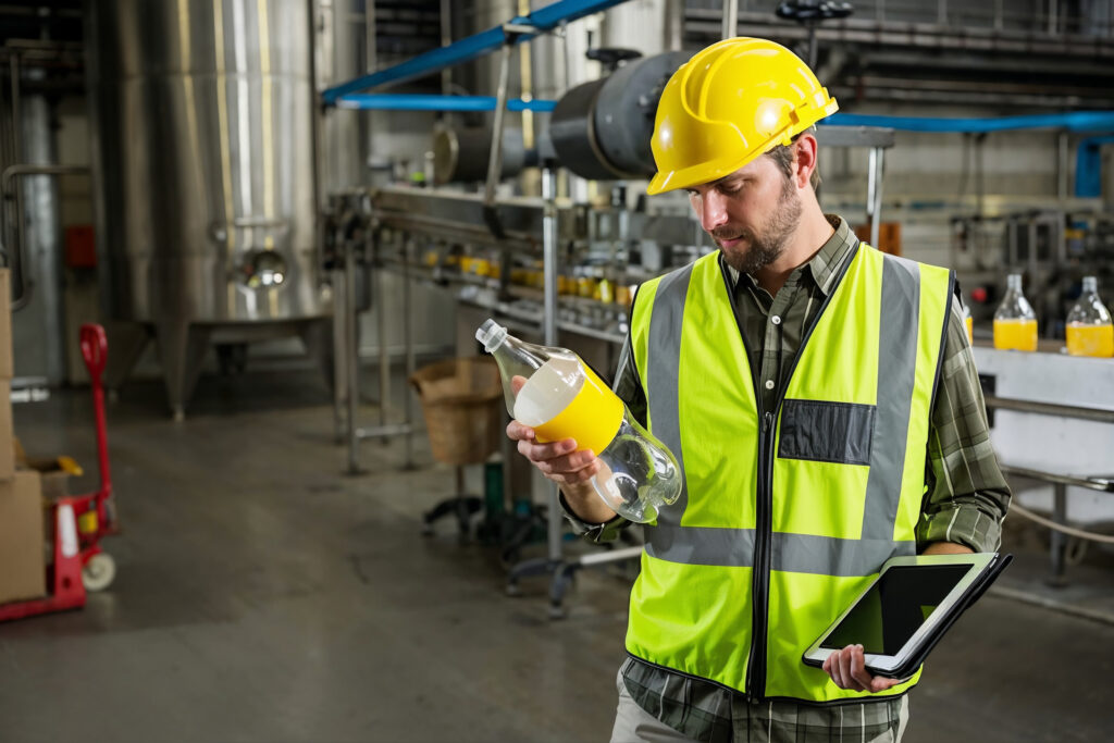 Engineer in a hard hat hands-on inspecting product on a processing plant floor