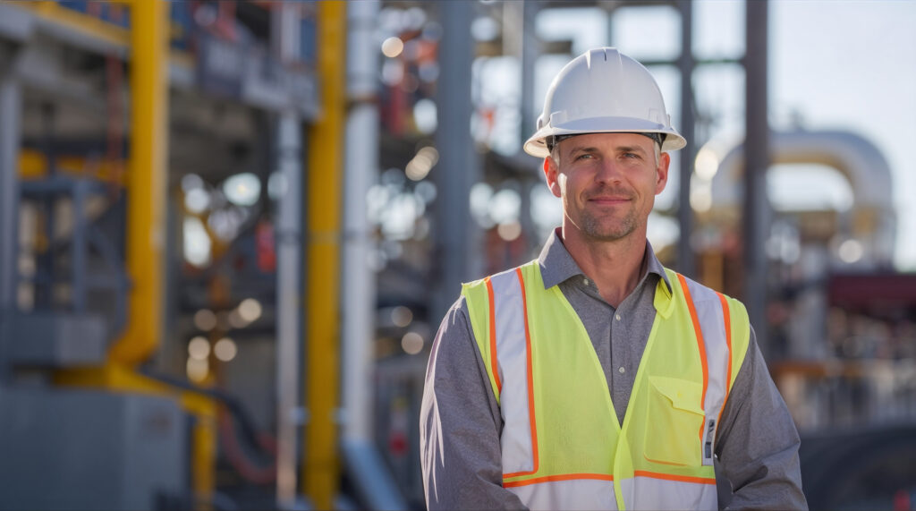 Confident engineer in hard hat and hi-vis on an industrial site with process pipework behind