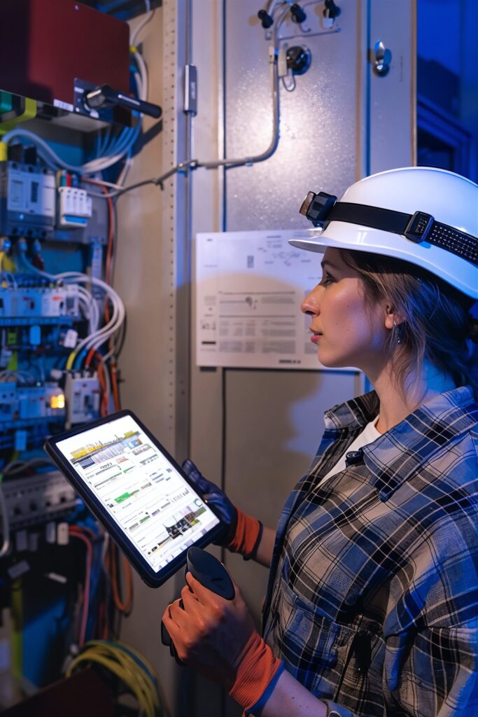 Engineer investigating dense switchboard wiring against a single-line schematic to make sense of a complex metering setup