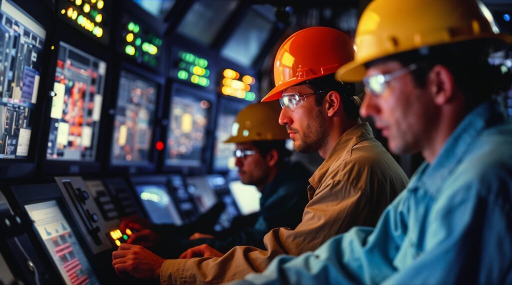 Engineers in hard hats reviewing live energy monitoring screens in a plant control room, confirming metering KPIs