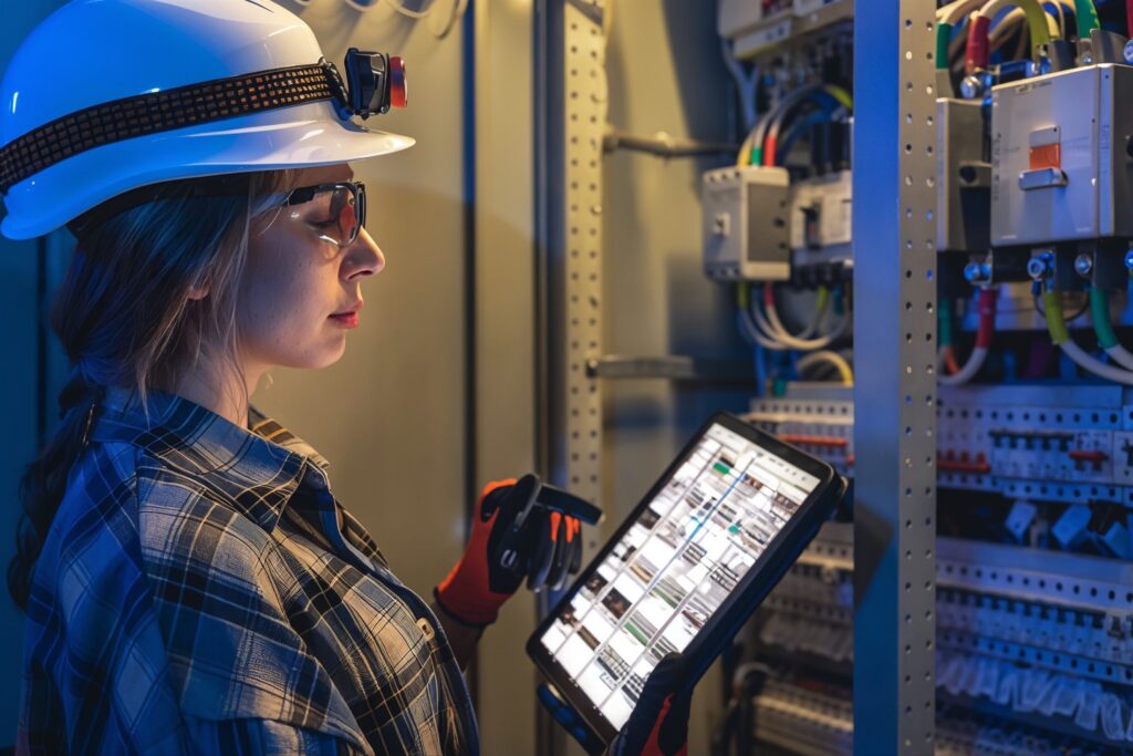 Engineer in hard hat and safety glasses reading metering schematics on a tablet beside a live switchgear panel